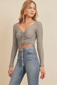 (2 Colours) Ruched Drawstring Crop Top